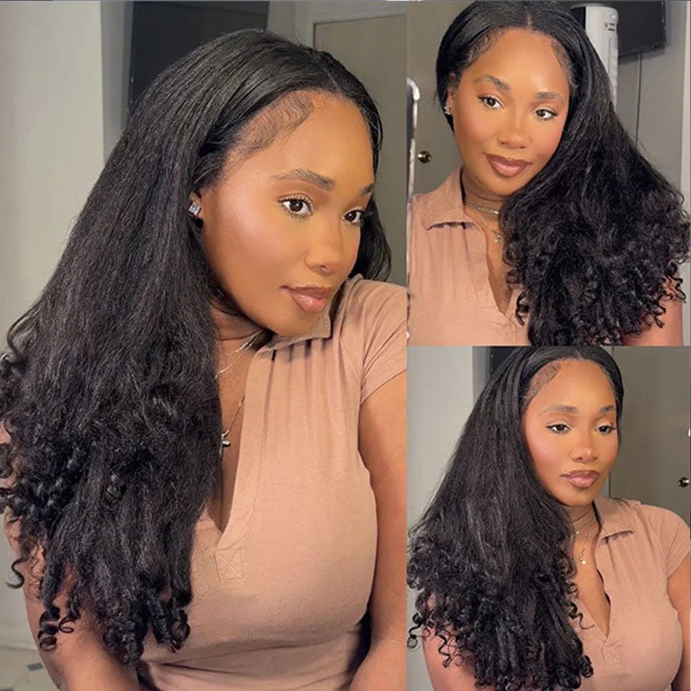 Kinky Straight Burmese Curly Half Wig Glueless 100% Raw Human Hair Wig Yaki Straight Spiral Curly Ends Flip Over 3 IN 1 Half Wig
