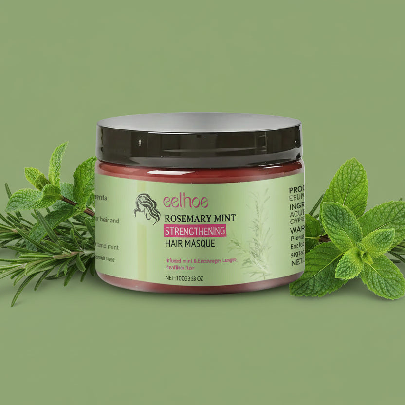 Eelhoe Rosemary Mint Strengthening Hair Masque packaging with dimensions on a white background