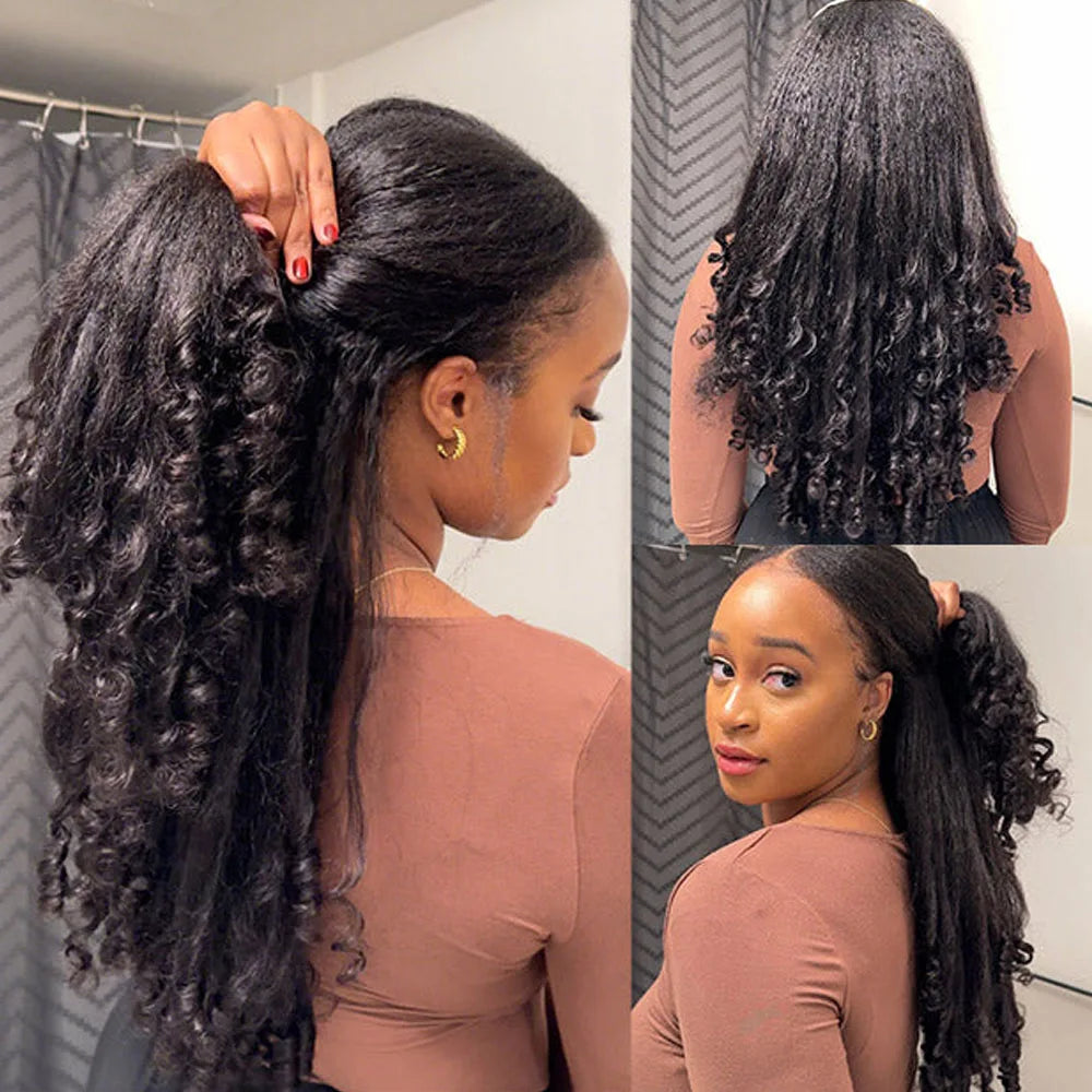 Kinky Straight Burmese Curly Half Wig Glueless 100% Raw Human Hair Wig Yaki Straight Spiral Curly Ends Flip Over 3 IN 1 Half Wig