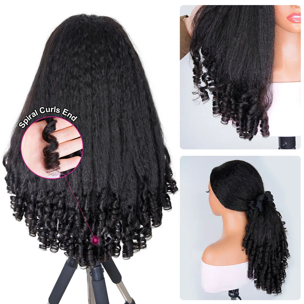 Kinky Straight Burmese Curly Half Wig Glueless 100% Raw Human Hair Wig Yaki Straight Spiral Curly Ends Flip Over 3 IN 1 Half Wig