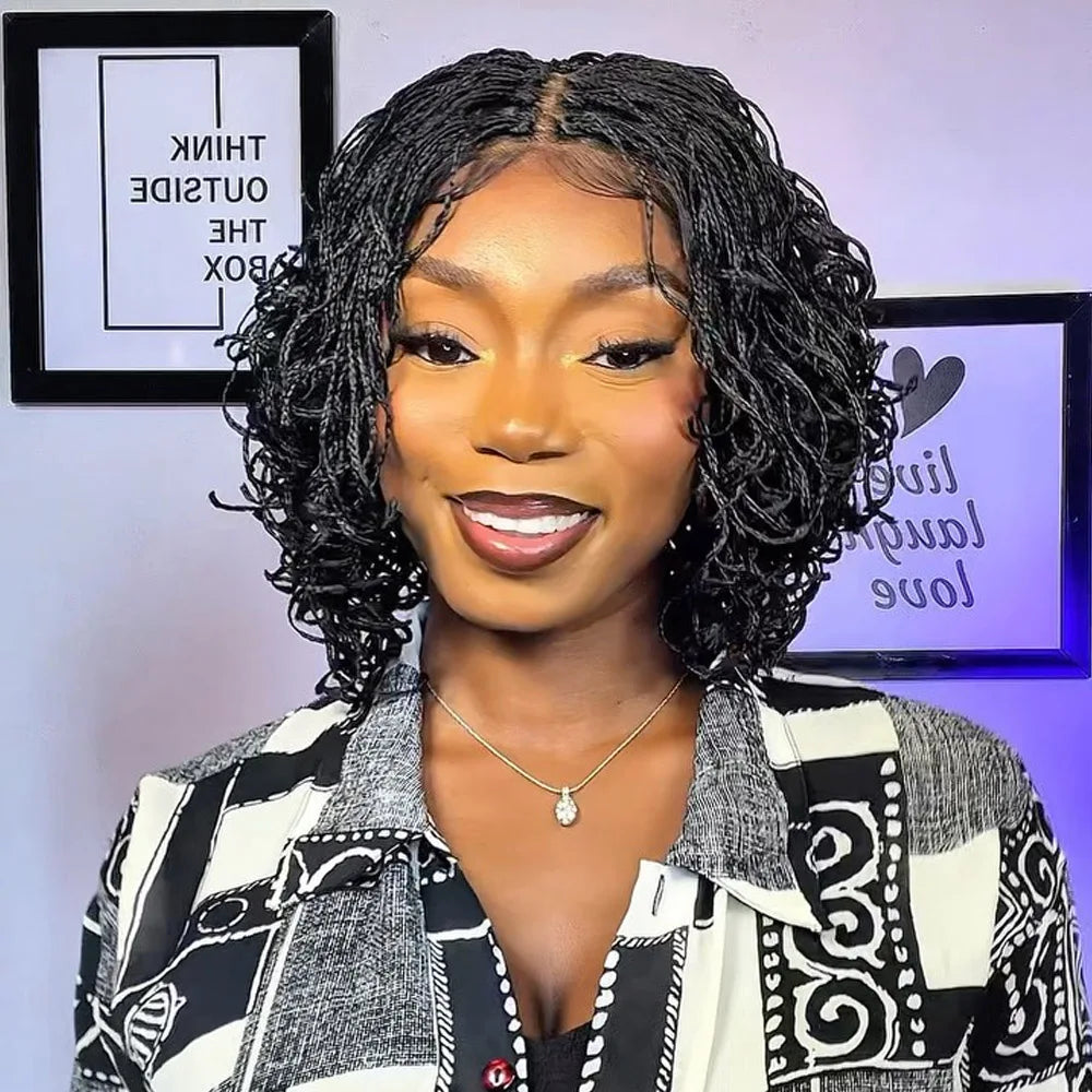 Short Curly Braids Bob Wig For Black Women Double Full Lace Front Curly Micro Box Braided Bob Wig with Baby Hair Pre Plucked
