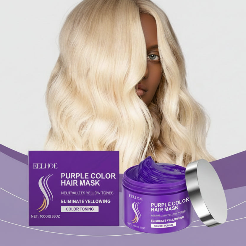 Purple color hair mask with packaging and a woman with blonde hair on a purple background