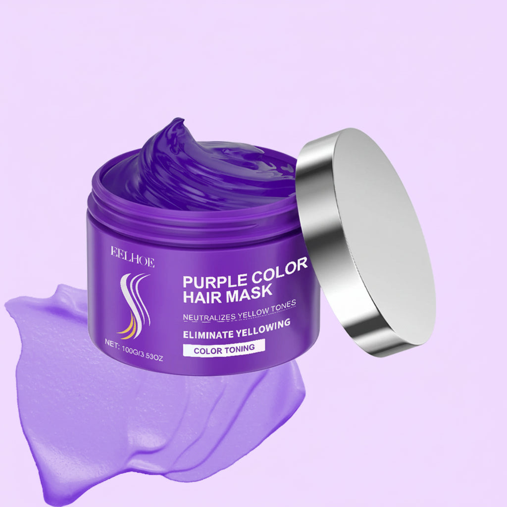 Purple color hair mask jar with text on a light purple background