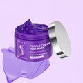 Purple color hair mask jar with text on a light purple background