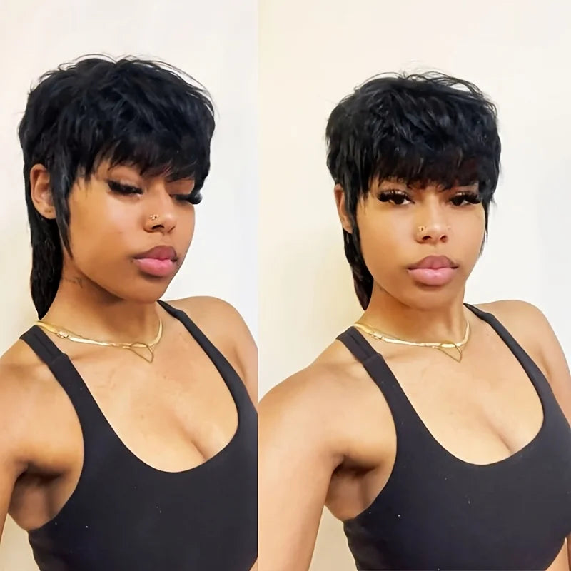 Wholesale Bone Straight Mullet Pixie Curly Human Hair Wig With Layers&Bangs Cuticle Aligned Virgin Hair Glueless Wigs Human Hair