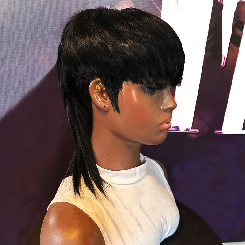 Wholesale Bone Straight Mullet Pixie Curly Human Hair Wig With Layers&Bangs Cuticle Aligned Virgin Hair Glueless Wigs Human Hair