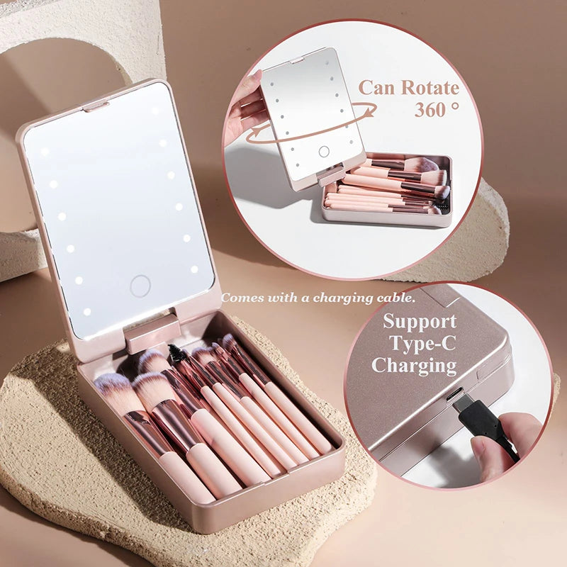 14-Piece Makeup Brush Set with Illuminated Mirror