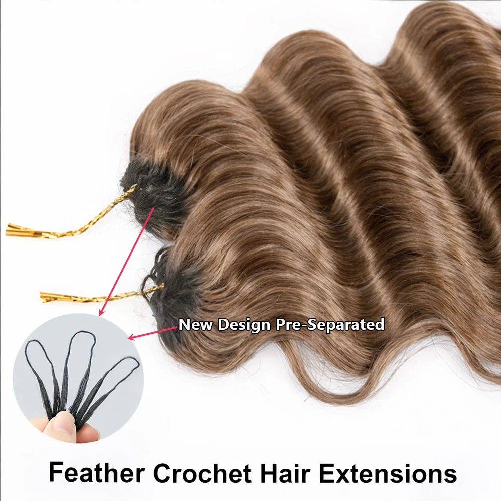 Honey Brown Deep Wave Feather Crochet Human Hair Extension For Black Women Pre-Separated Knotless Invisble Crochet For Braiding