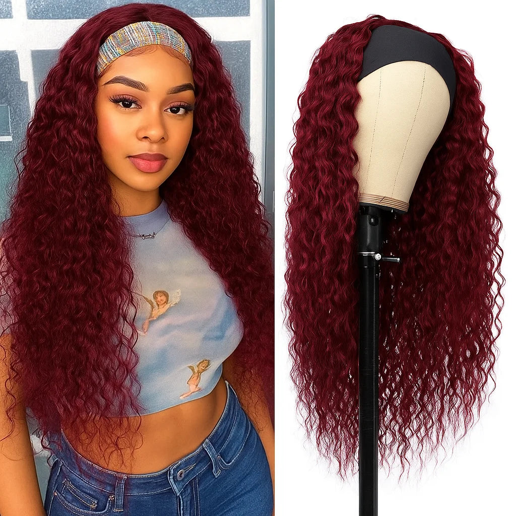 99J Burgundy Headband Wig Human Hair Deep Water Wave Headband Wigs Red Wine Curly Half Wigs Brazilian Human Hair Wigs for Women