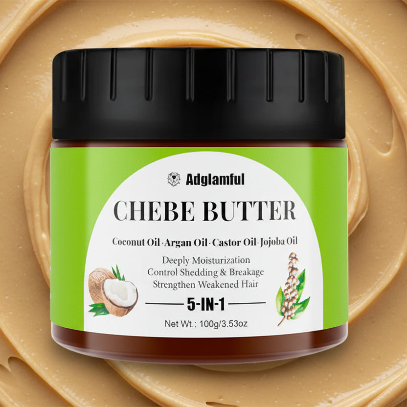Jar of Adylamful Chebe Butter with green label and black lid on a white background