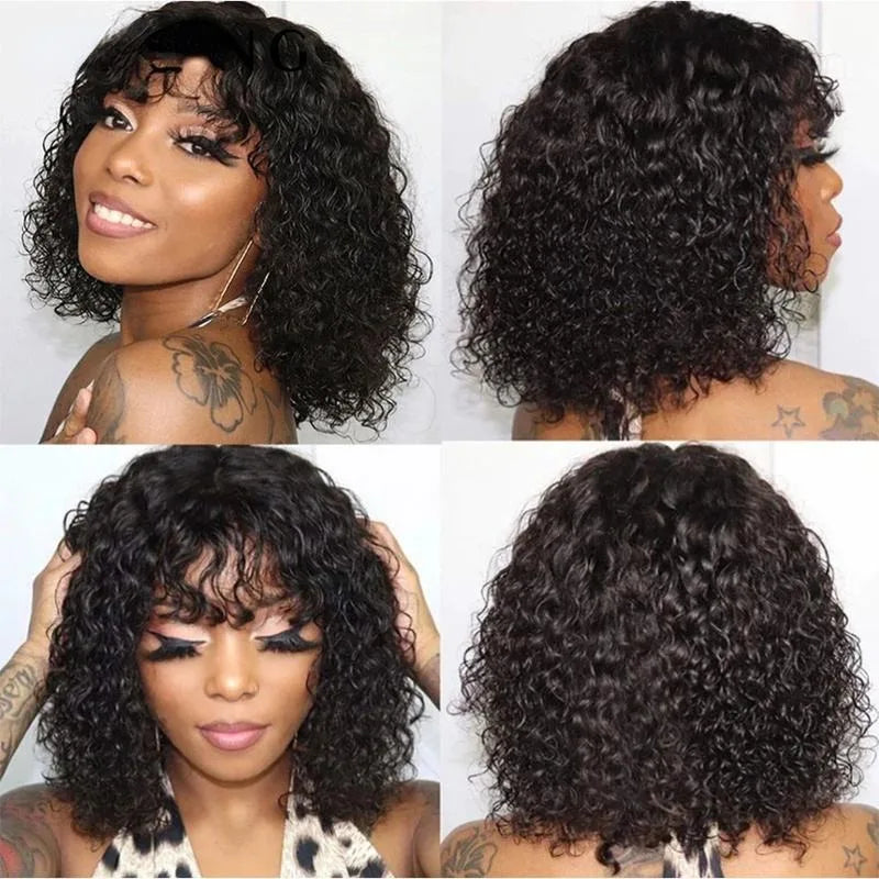 Curly Bob Wig with Bangs 12inch Short Curly Wigs for Women Human Hair 200% Density Water Wave Curly Brazilian None Lace Remy Wig