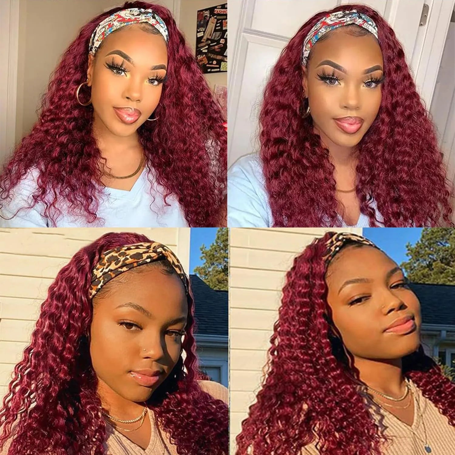 99J Burgundy Headband Wig Human Hair Deep Water Wave Headband Wigs Red Wine Curly Half Wigs Brazilian Human Hair Wigs for Women