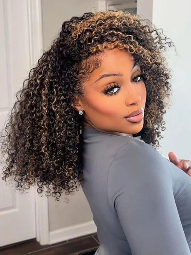 250% Density 3 In 1 Half Wigs Human Hair 1B/27 Highlight Streak Afro Kinky Curly Balayage 3/4 Half Wig Drawstring Seamless Flip
