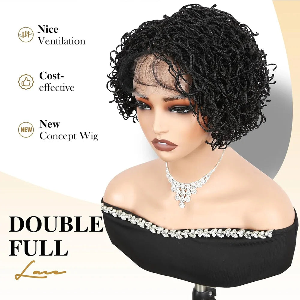 Short Curly Braids Bob Wig For Black Women Double Full Lace Front Curly Micro Box Braided Bob Wig with Baby Hair Pre Plucked