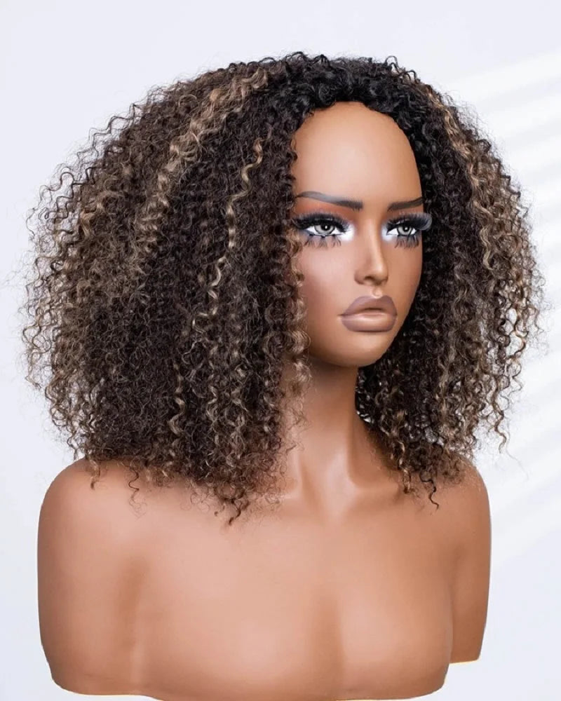 250% Density 3 In 1 Half Wigs Human Hair 1B/27 Highlight Streak Afro Kinky Curly Balayage 3/4 Half Wig Drawstring Seamless Flip