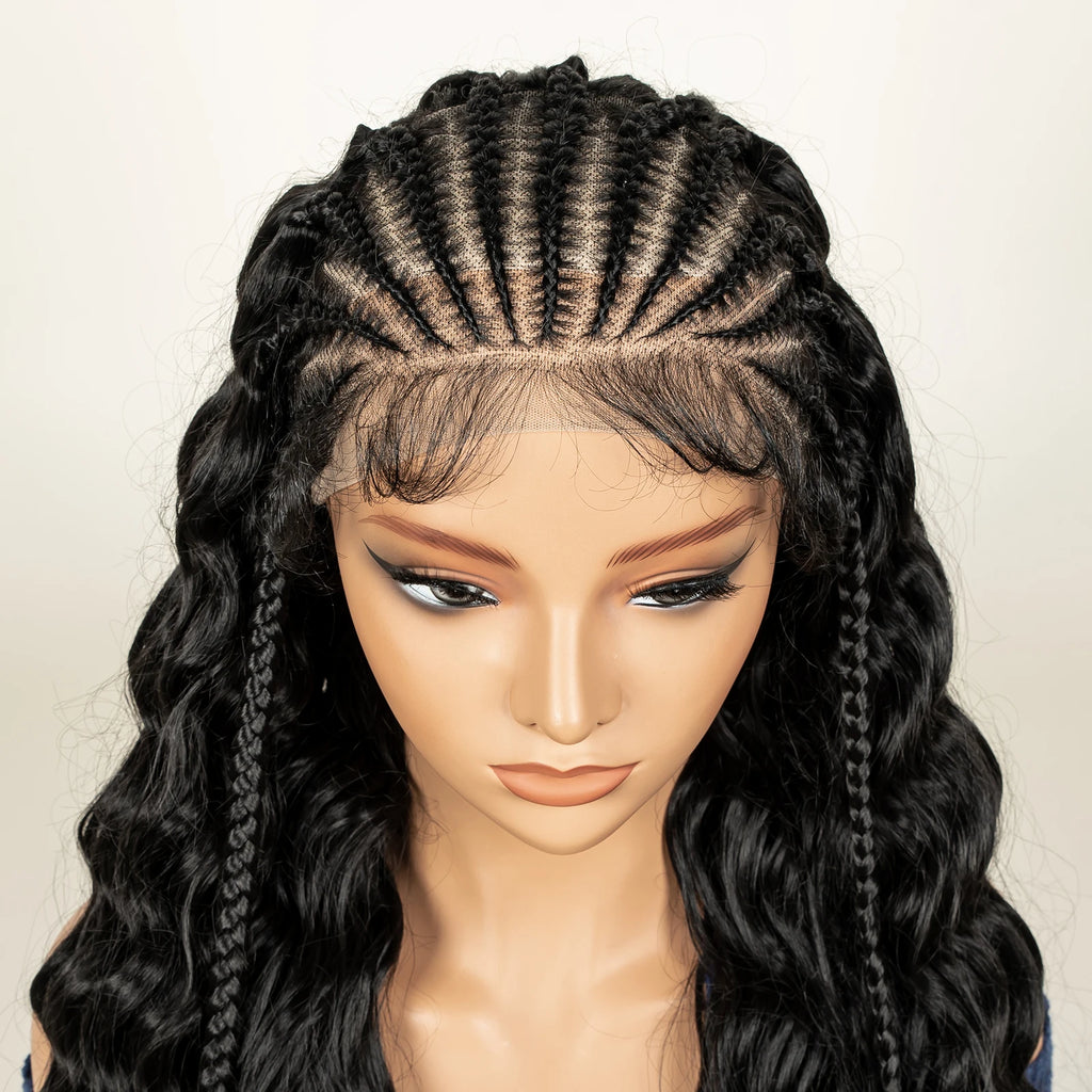 Fulani Braided Wig with Half Curly hair Synthetic 13x6 Transparent Lace Front Braided Wig Deep Wave Hair Wig for Women