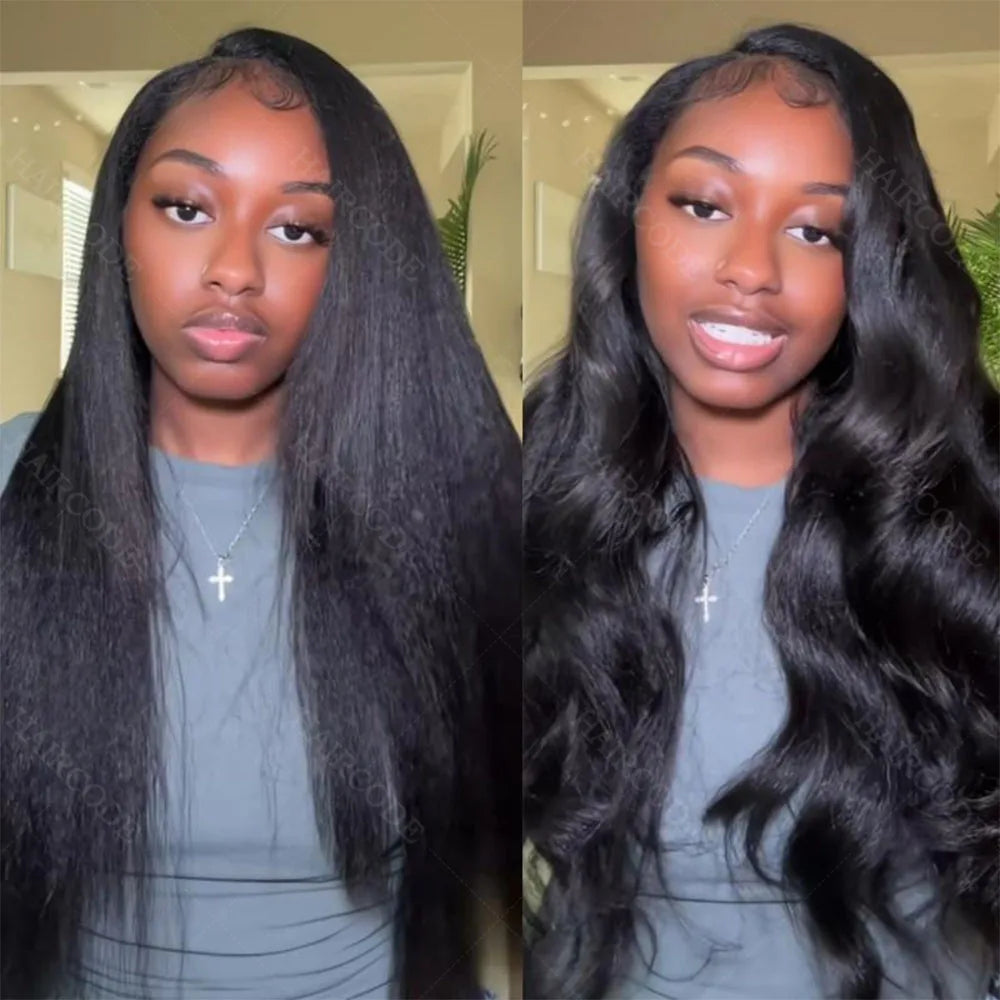 250% Density Kinky Straight Drawstring Half Wig Human Hair No Lace Wig Invisible Hairline 3 IN 1 Flip Over Clip In 3/4 Wig