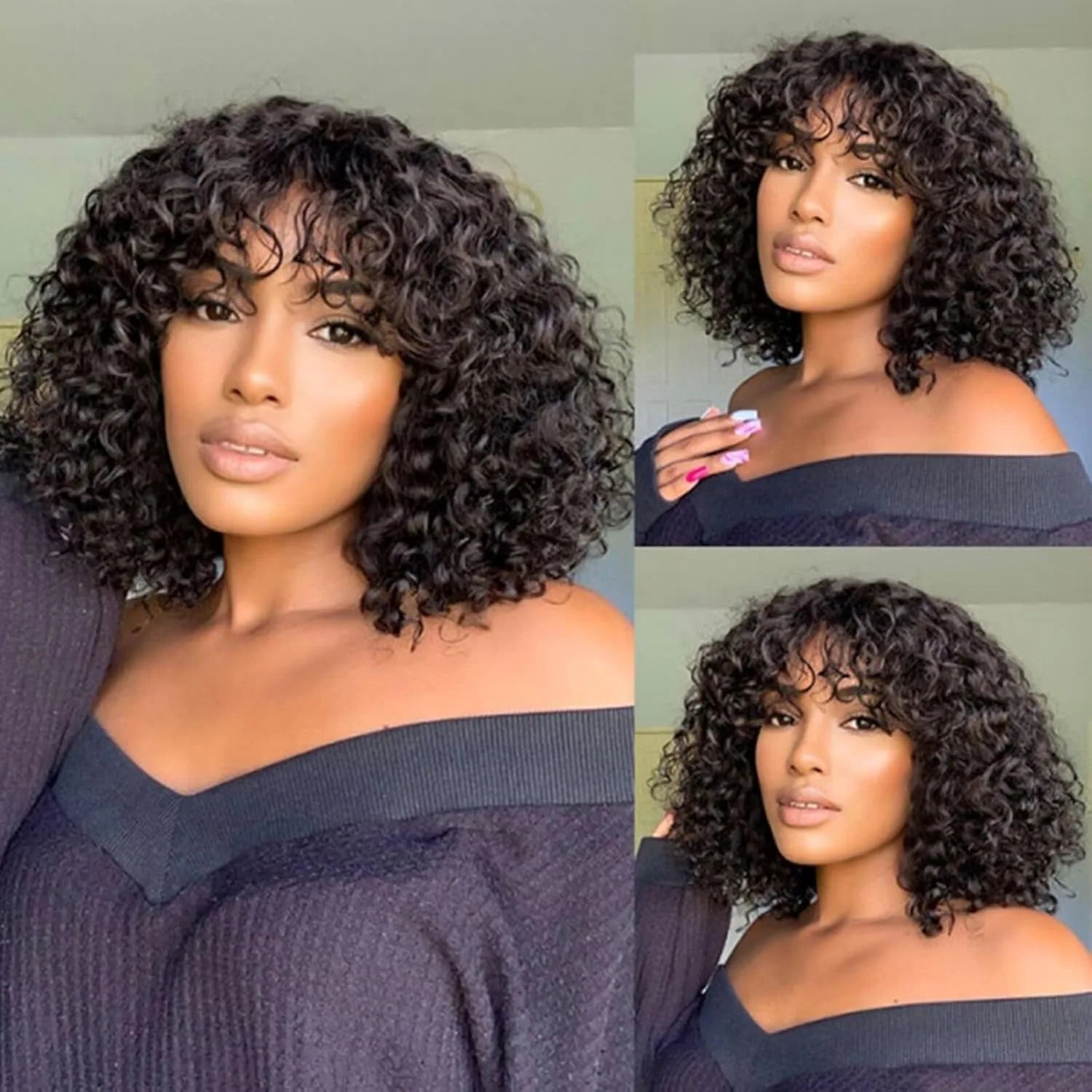 Curly Bob Wig with Bangs 12inch Short Curly Wigs for Women Human Hair 200% Density Water Wave Curly Brazilian None Lace Remy Wig