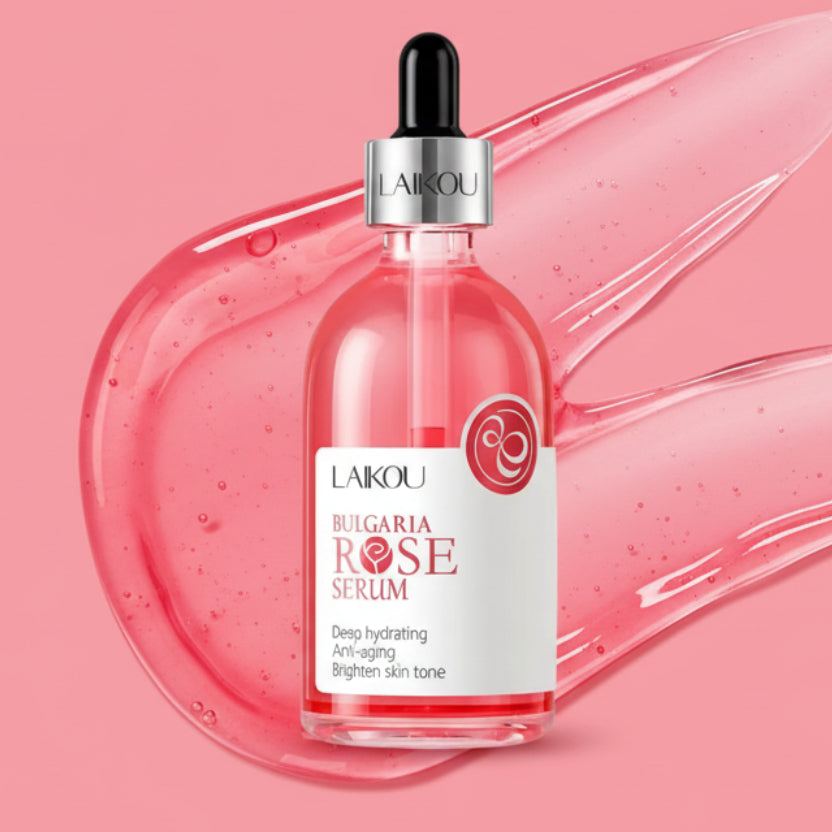 Bulgaria Rose Serum bottle and packaging with dimensions on a white background