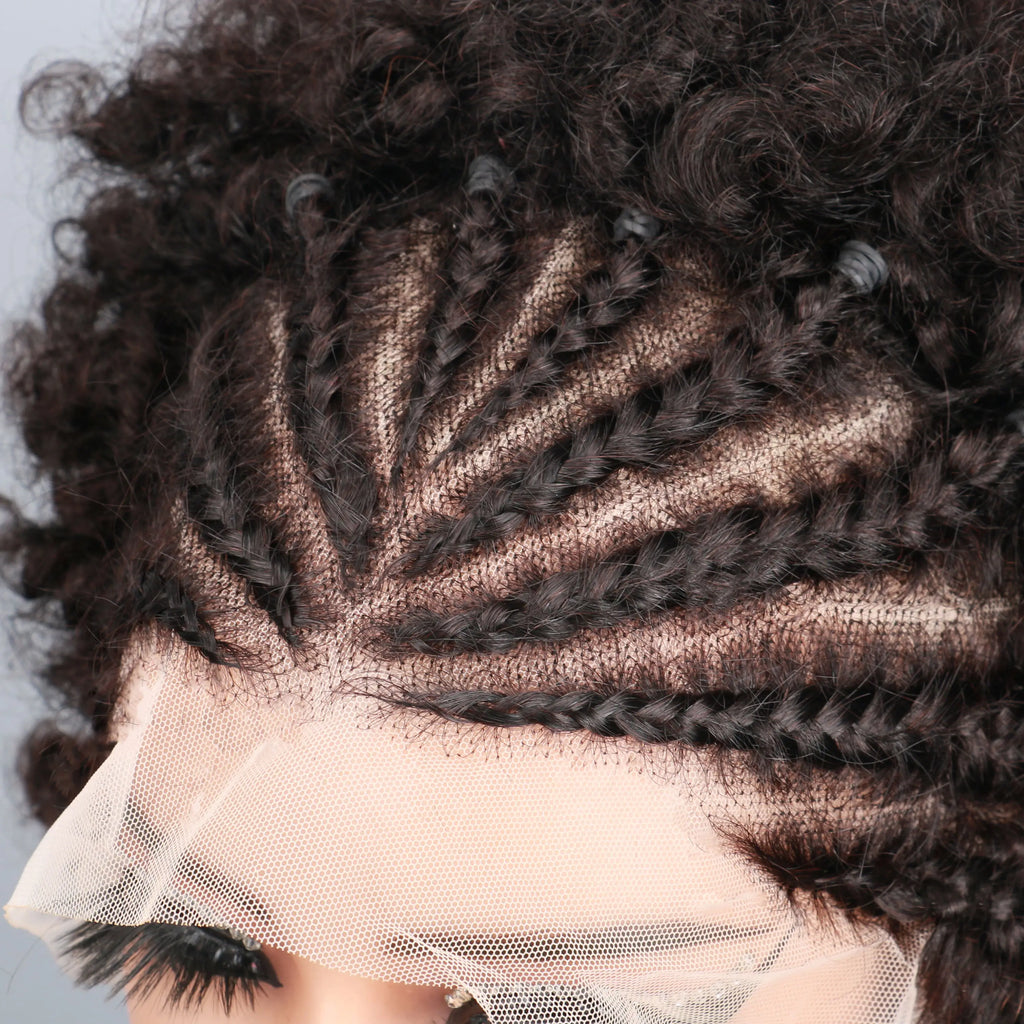 Braided Wigs for Black Women Human Hair Afro Puff Lace Frontal Hair Wigs Afro KinkyCurly Human Hair 13x4 Lace Front Pre Braided