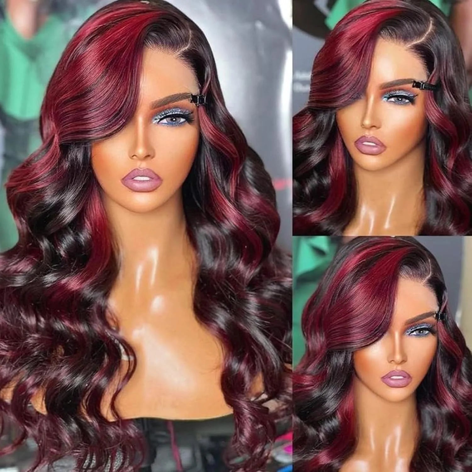 1B/99J Highlight Body Wave 5x5 Glueless Wig Human Hair Brazilian PrePlucked Ombre Red With Black Colored Lace Front Closure Wig
