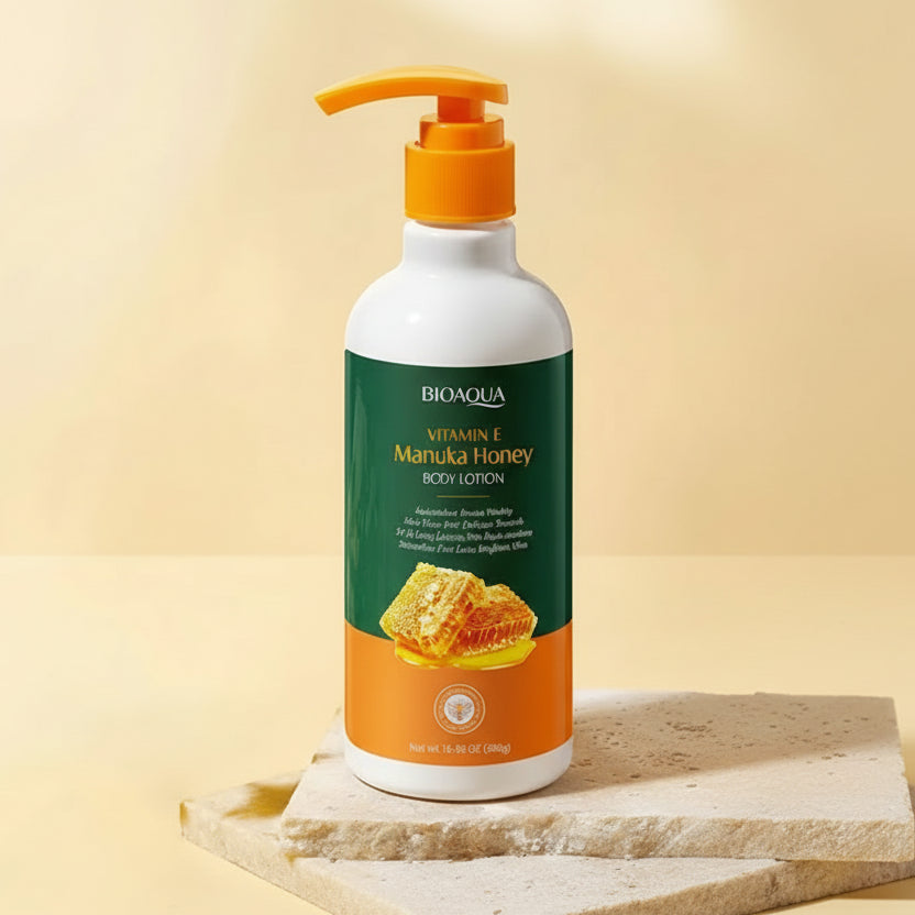 Bioaqua Vitamin E Manuka Honey Body Lotion bottle with text on a beige background