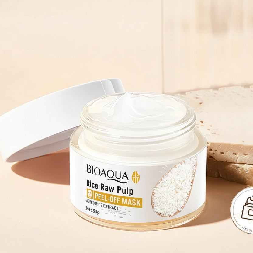 Bioaqua Rice Raw Pulp peel-off mask jar with benefits on a beige background