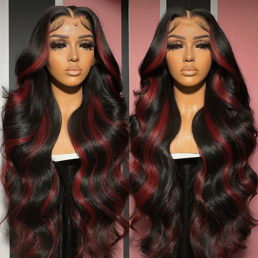 1B/99J Highlight Body Wave 5x5 Glueless Wig Human Hair Brazilian PrePlucked Ombre Red With Black Colored Lace Front Closure Wig