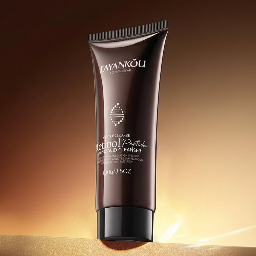 Fayankou skincare cleanser tube with approval statistics on a brown background