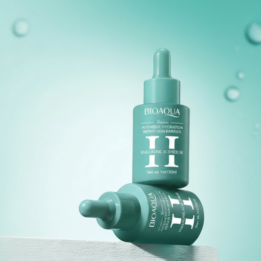 Bioaqua hyaluronic acid serum bottle with text on a light blue background
