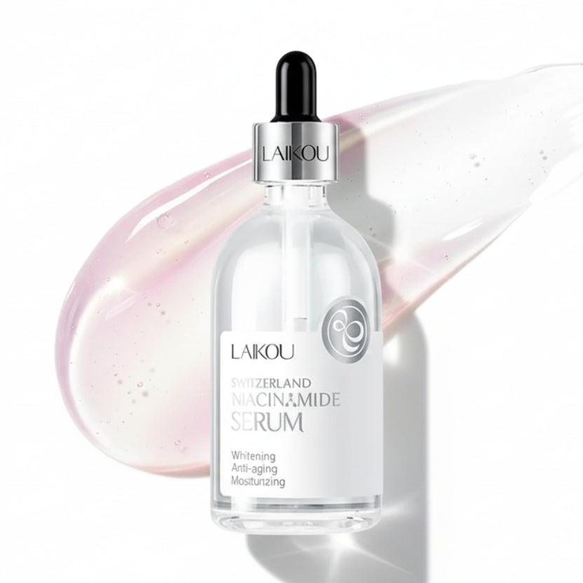 LAKOU Switzerland Niacinamide Serum bottle and packaging with dimensions on a white background