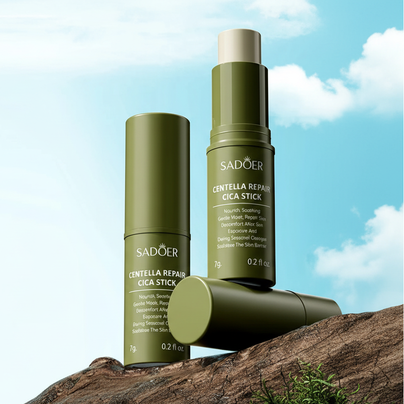 Sadoer Centella Repair Cica Stick skincare product with text on a natural background