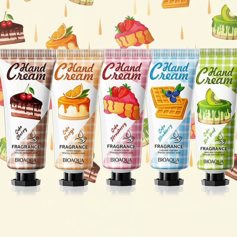 Set of Bioaqua hand cream with colorful packaging and a pink box in the background.