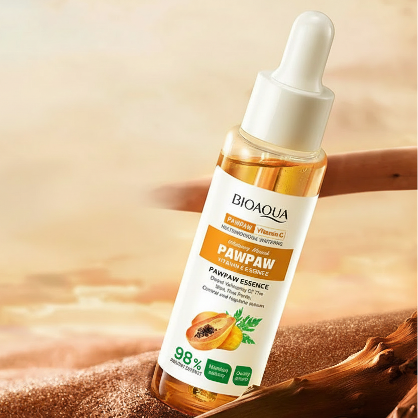 Bioaqua Vitamin C serum bottle with text highlighting benefits on a warm-toned background