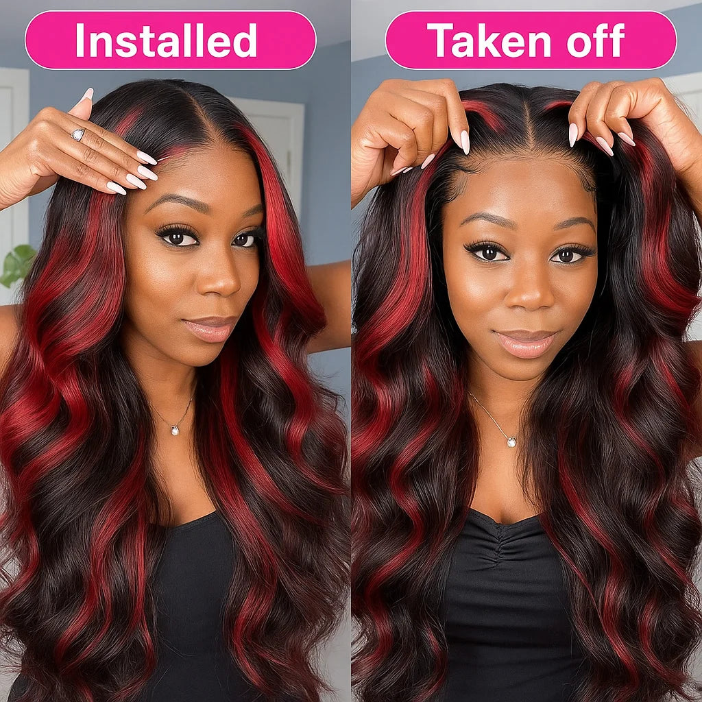 1B/99J Highlight Body Wave 5x5 Glueless Wig Human Hair Brazilian PrePlucked Ombre Red With Black Colored Lace Front Closure Wig