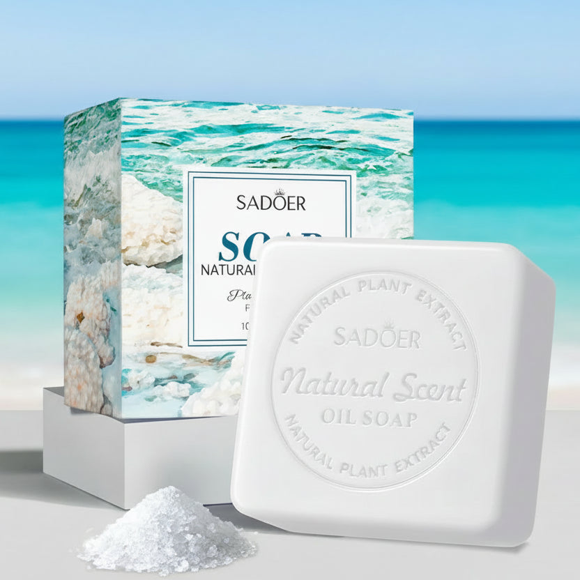 Sea salt oil soap with packaging featuring natural elements and branding on a light background