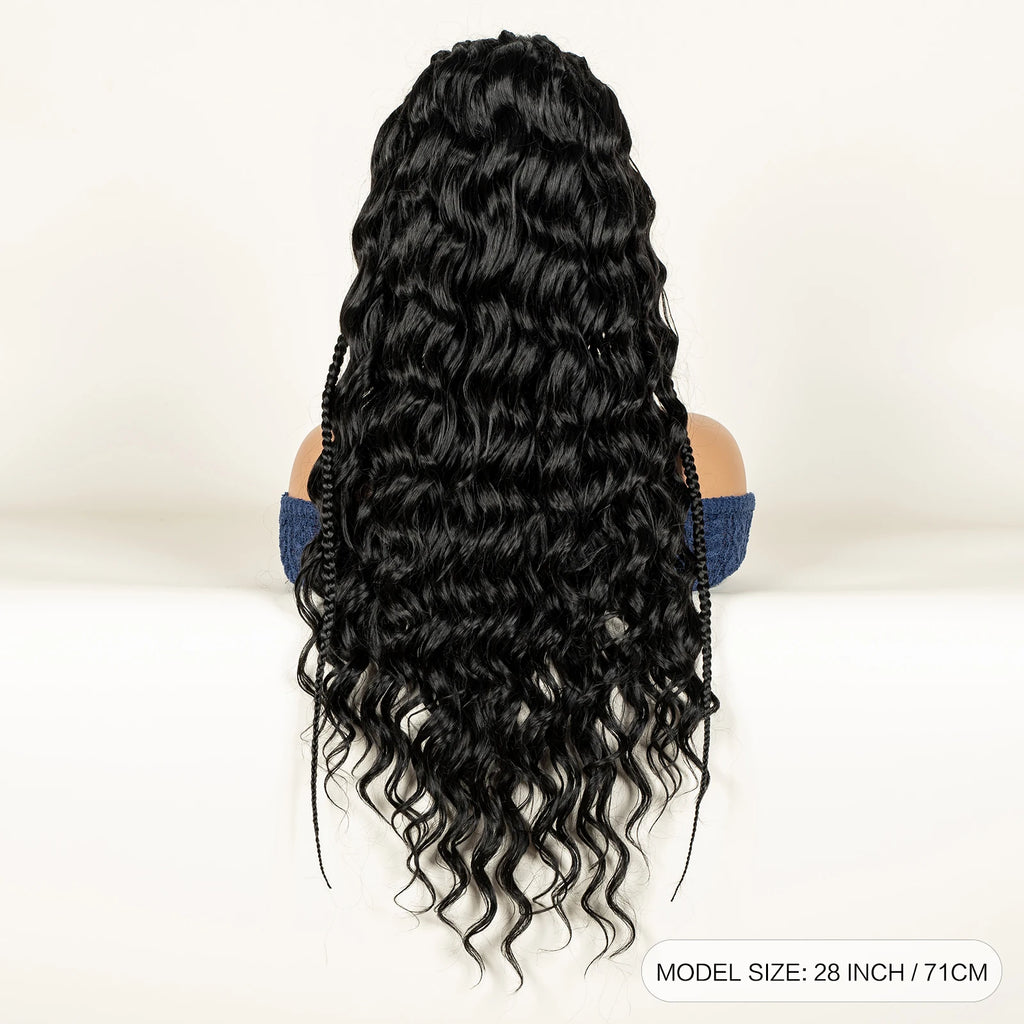 Fulani Braided Wig with Half Curly hair Synthetic 13x6 Transparent Lace Front Braided Wig Deep Wave Hair Wig for Women