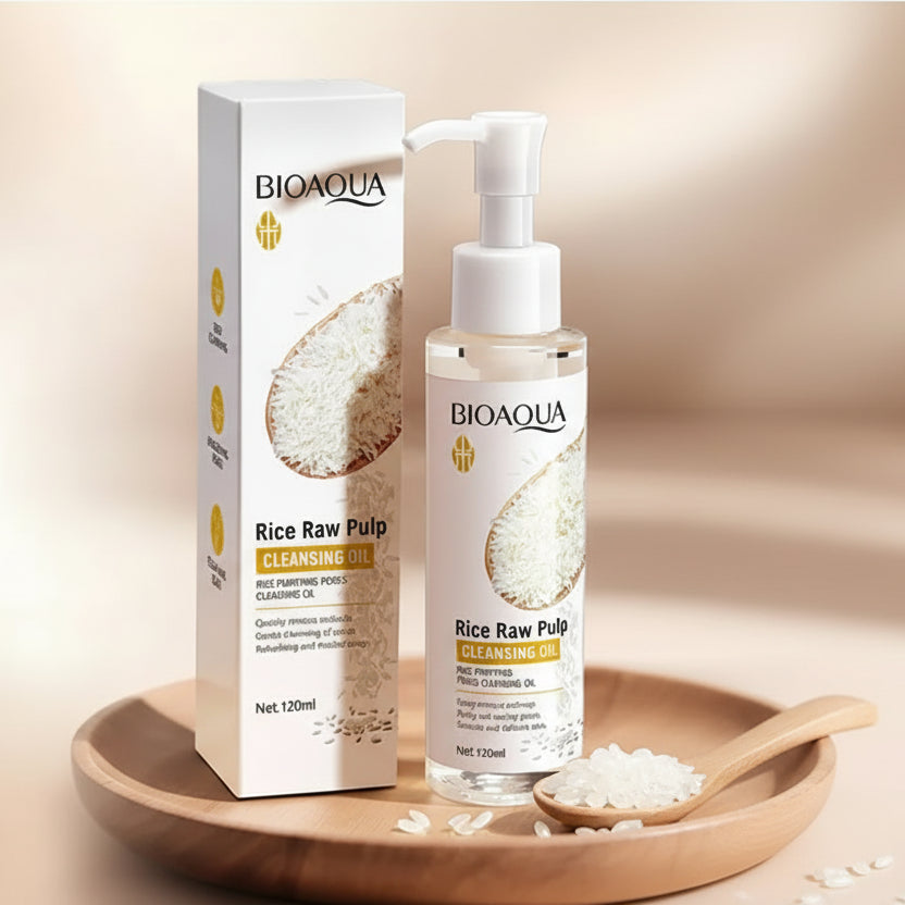 Bioaqua Rice Raw Pulp Cleansing Oil with packaging and product details on a beige background