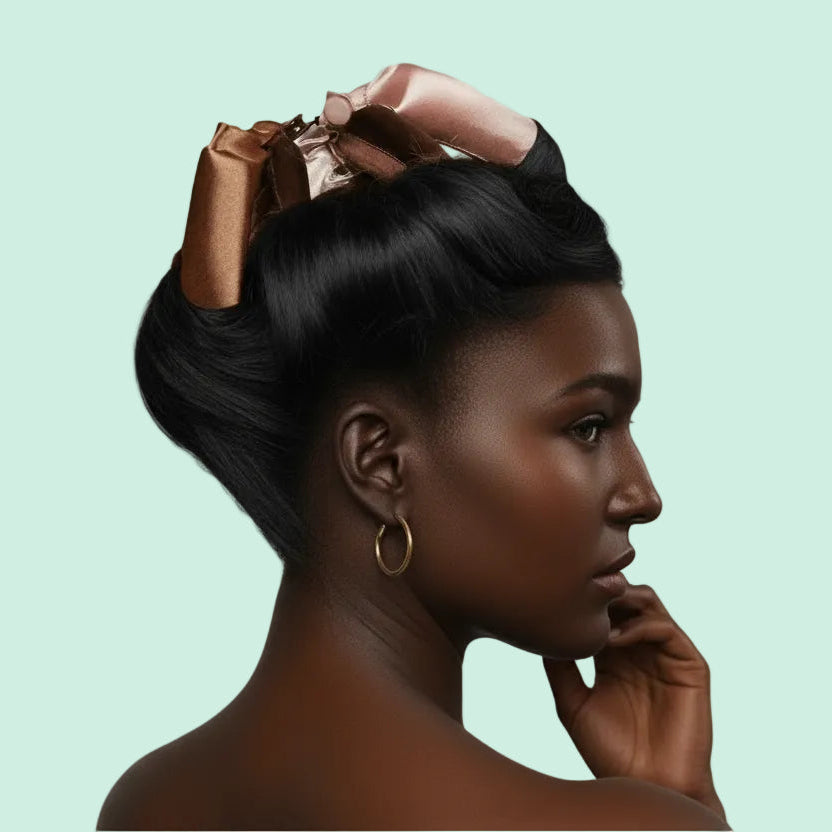Woman with styled hair using hair rollers, with close-up insets of rollers and hair.