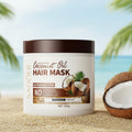 Coconut oil hair mask jar with label on a white background