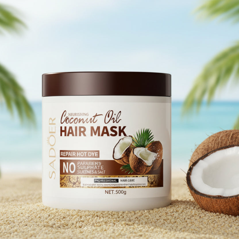Coconut oil hair mask jar with label on a white background
