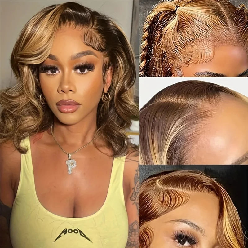 4×4 Short Bob 200 Density Highlight Body Wave HD Transparent Lace Brazilian Virgin Hair  Front Wig Human Hair Wigs glueless wigs