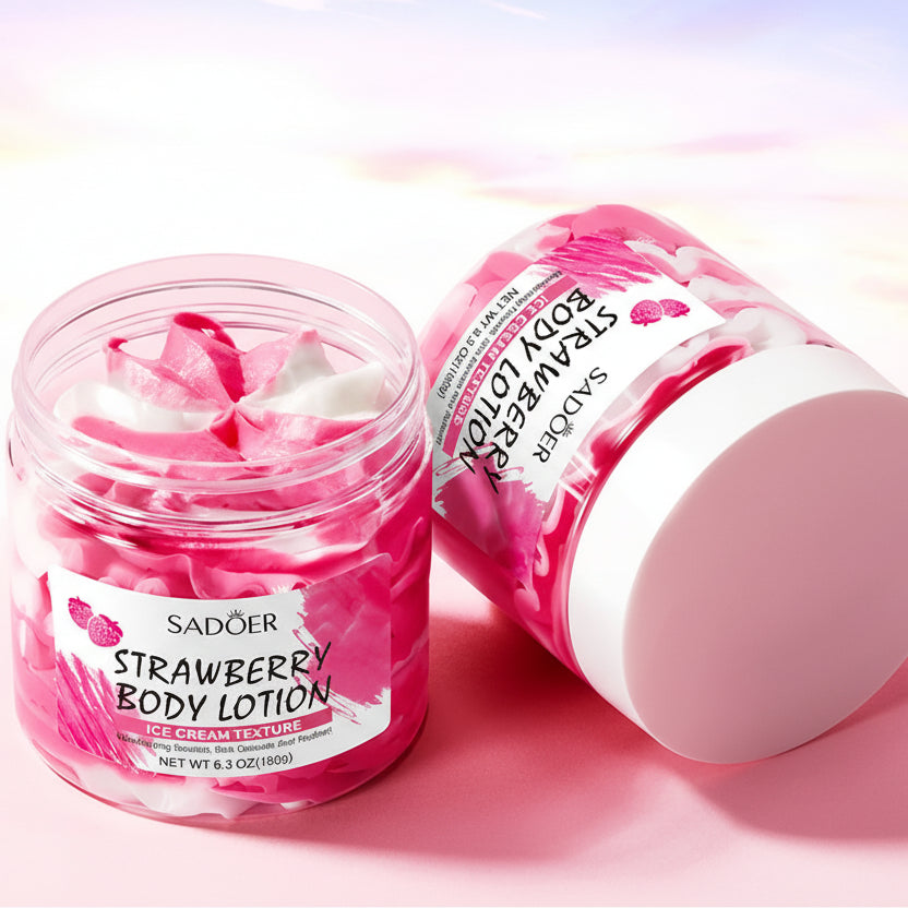 Strawberry body lotion with packaging on a pink background