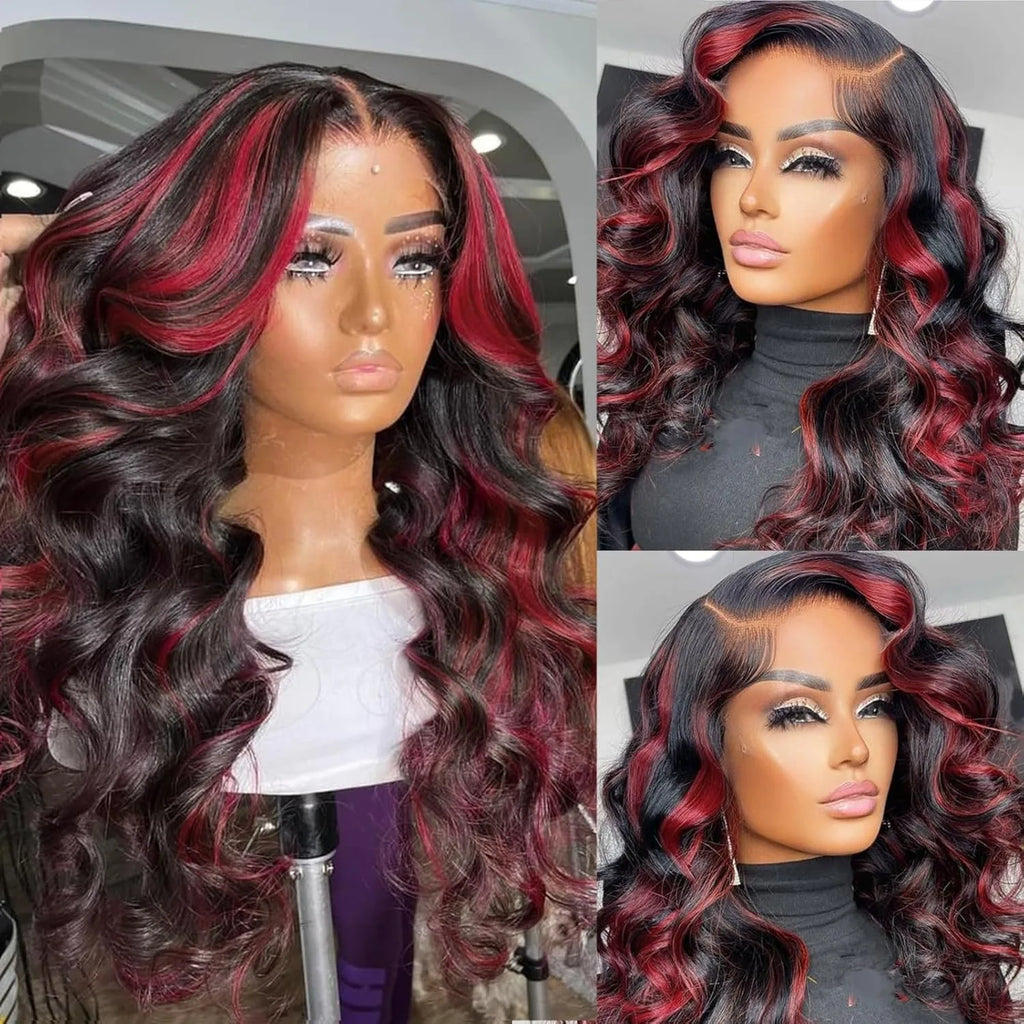 1B/99J Highlight Body Wave 5x5 Glueless Wig Human Hair Brazilian PrePlucked Ombre Red With Black Colored Lace Front Closure Wig