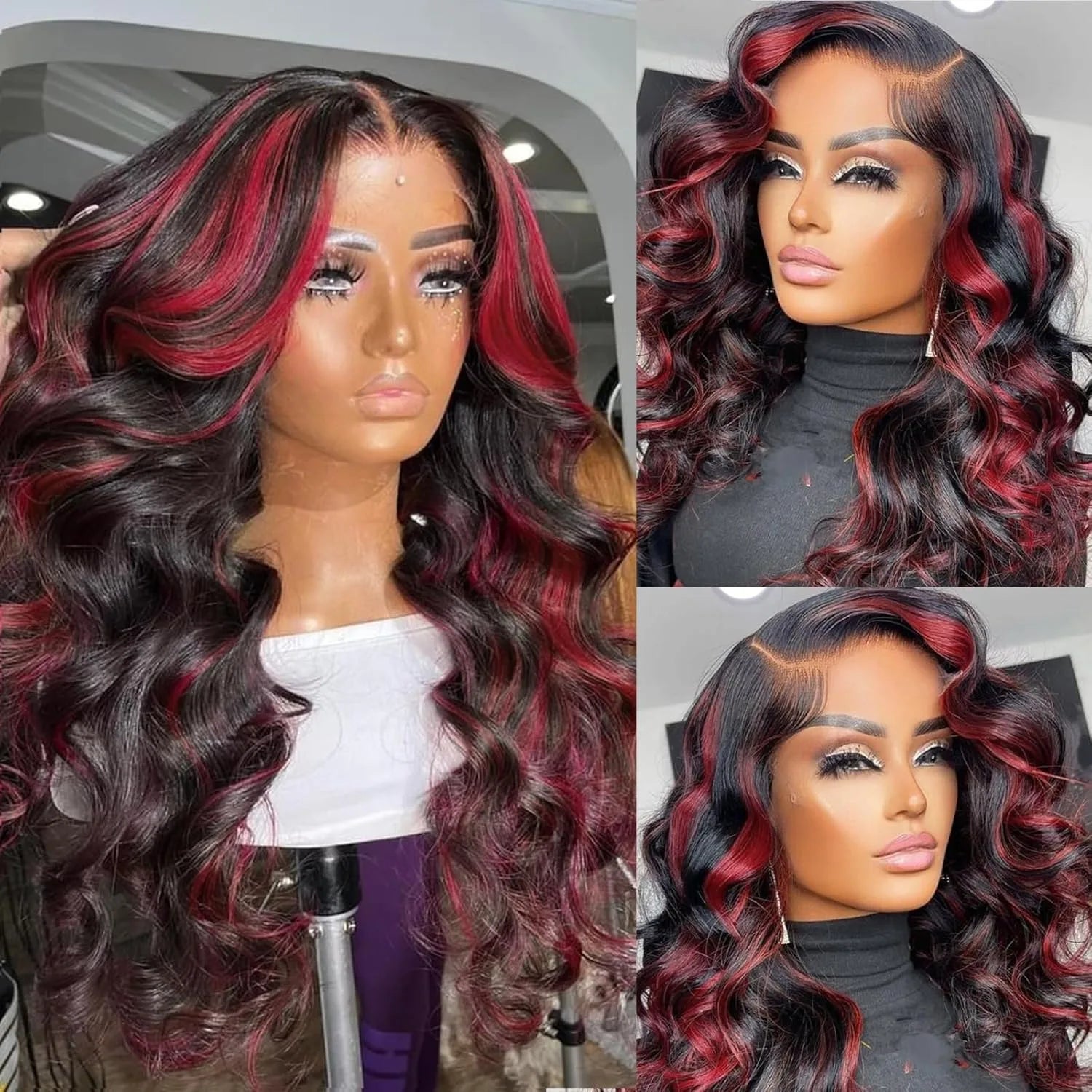 1B/99J Highlight Body Wave 5x5 Glueless Wig Human Hair Brazilian PrePlucked Ombre Red With Black Colored Lace Front Closure Wig