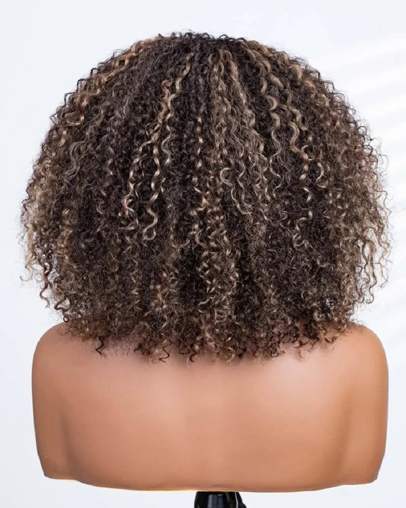 250% Density 3 In 1 Half Wigs Human Hair 1B/27 Highlight Streak Afro Kinky Curly Balayage 3/4 Half Wig Drawstring Seamless Flip