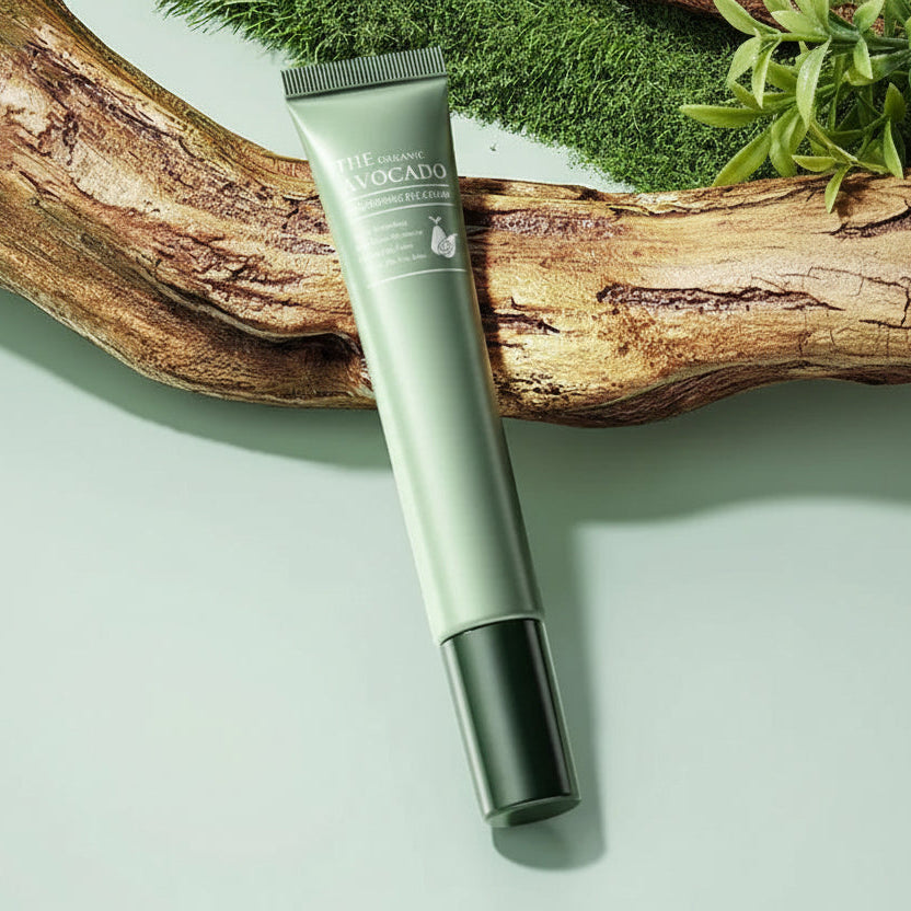 Avocado eye cream with packaging on a natural background