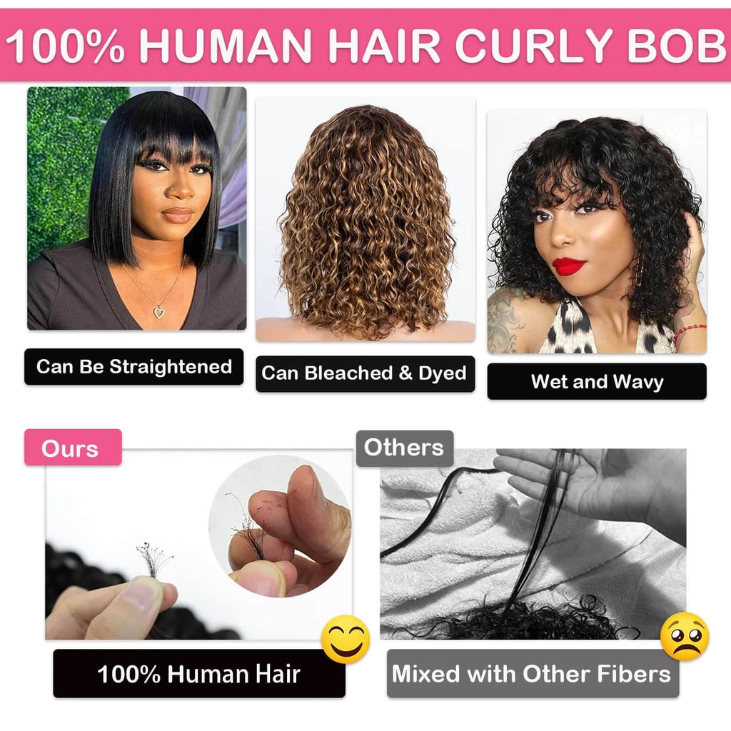Curly Bob Wig with Bangs 12inch Short Curly Wigs for Women Human Hair 200% Density Water Wave Curly Brazilian None Lace Remy Wig