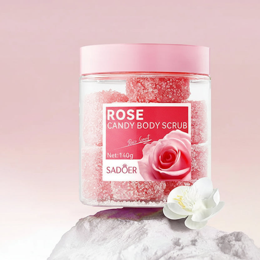Rose candy body scrub jar with rose design on a pink background