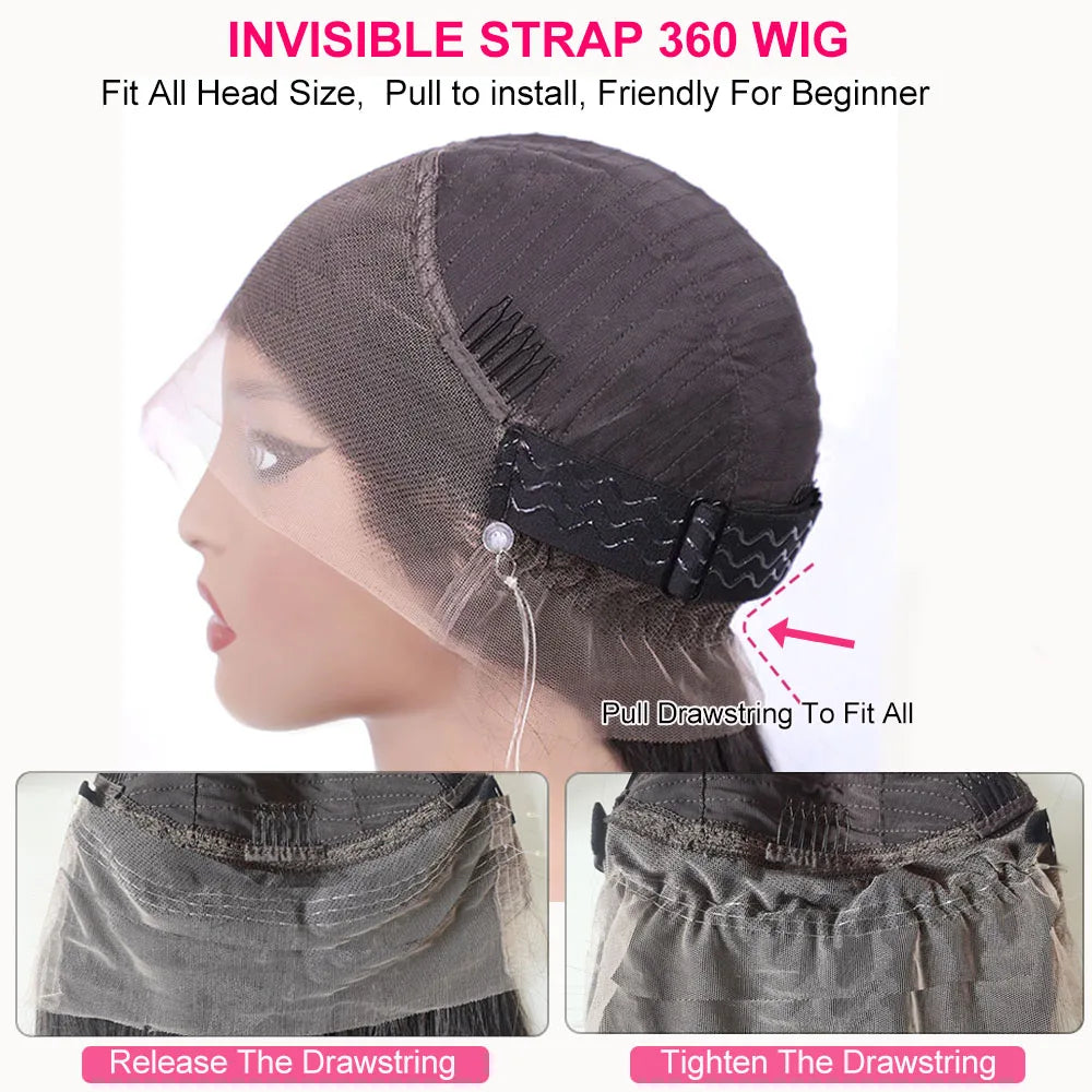 250 Density Invisi Strap 360 Full Lace Glueless Wig Invisible Drawstring Frontal Wig Kinky Straight Lace Front Human Hair